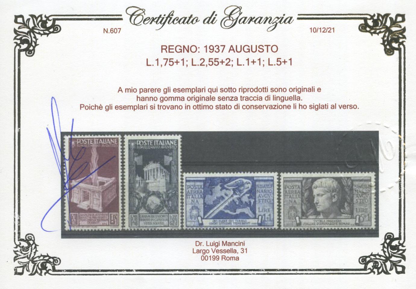 Scansione lotto: REGNO 1937 AUGUSTO 15V. 3 ** CENTRATO CERT.