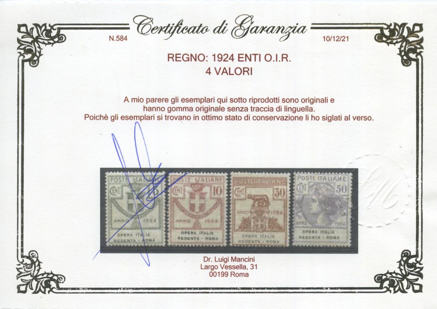 Scansione lotto: REGNO 1924 ENTI O.I.R. 4V. 2 ** CENTRATO CERT.