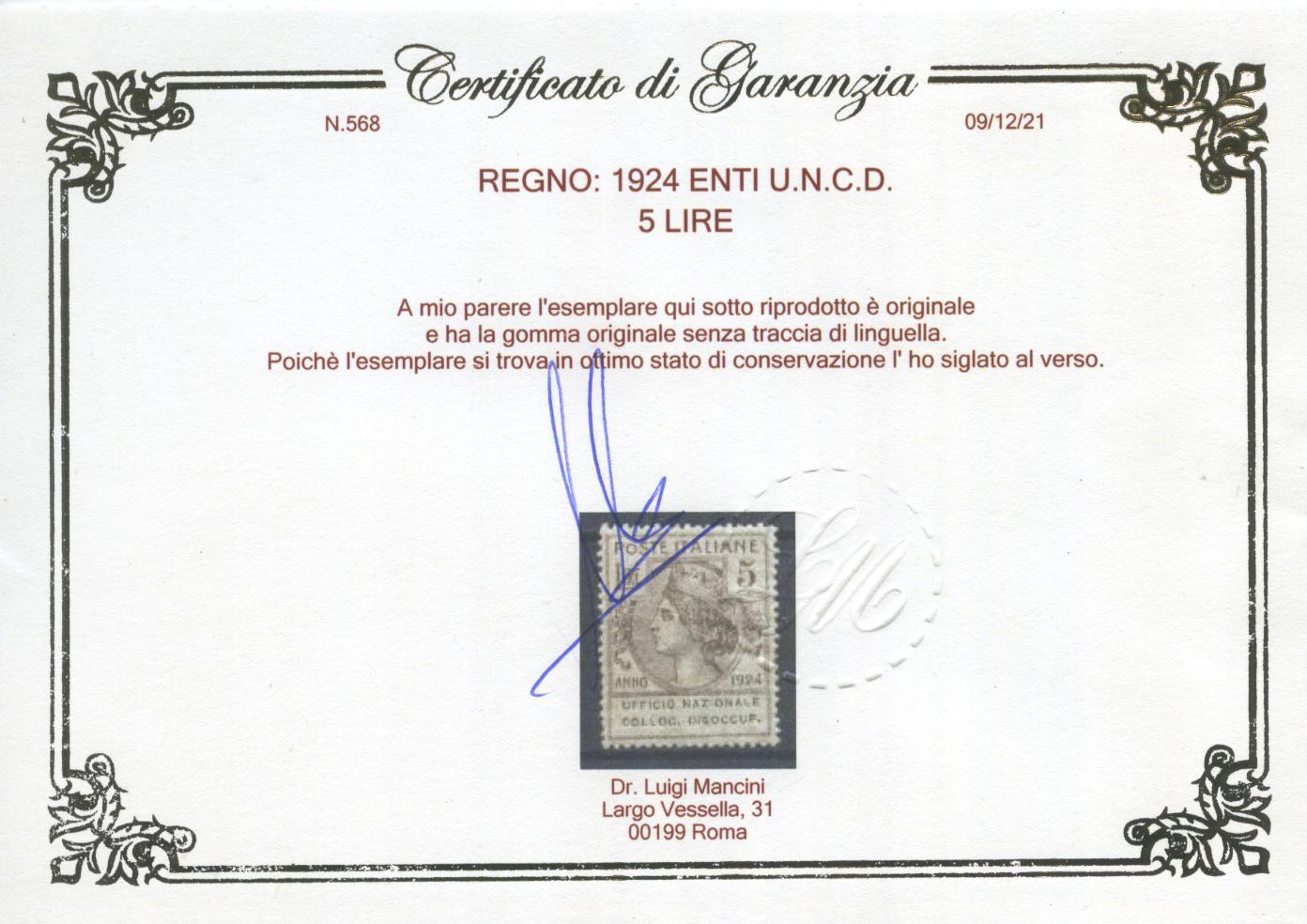 Scansione lotto: REGNO 1924 ENTI U.N.C.D. 7V. ** CENTRATO CERT.