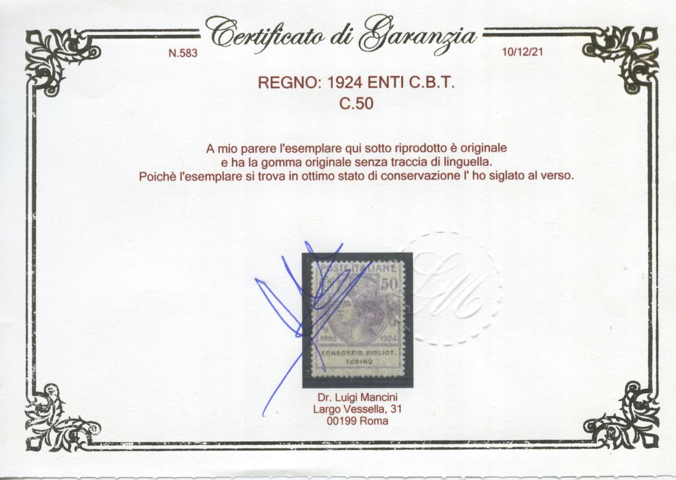 Scansione lotto: REGNO 1924 ENTI C.B.T. 4V. ** CENTRATO CERT.