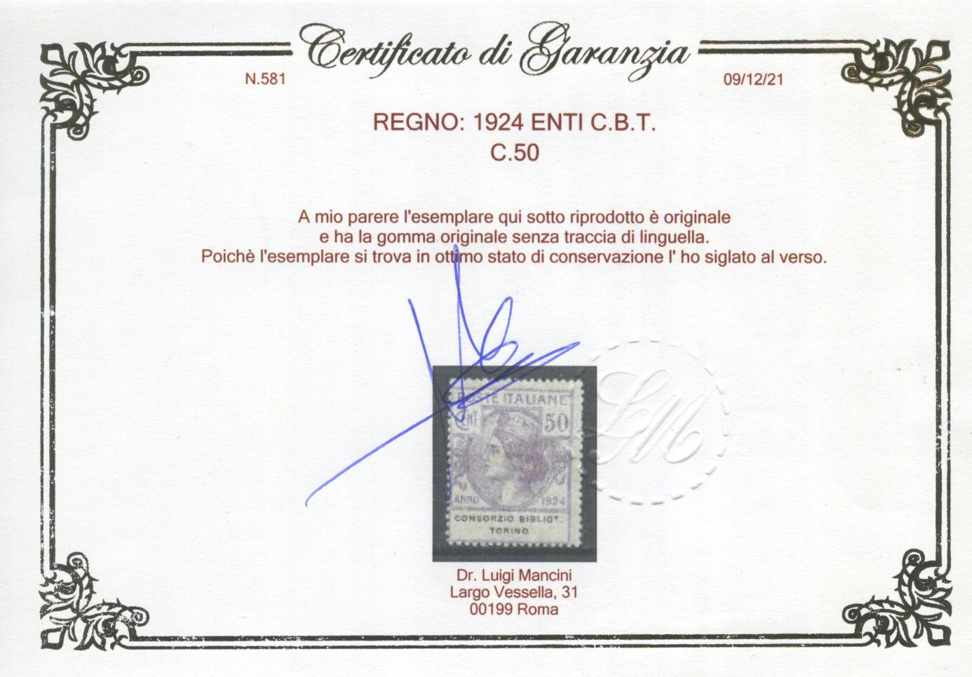 Scansione lotto: REGNO 1924 ENTI C.B.T. 4V. 2 **  CERT.