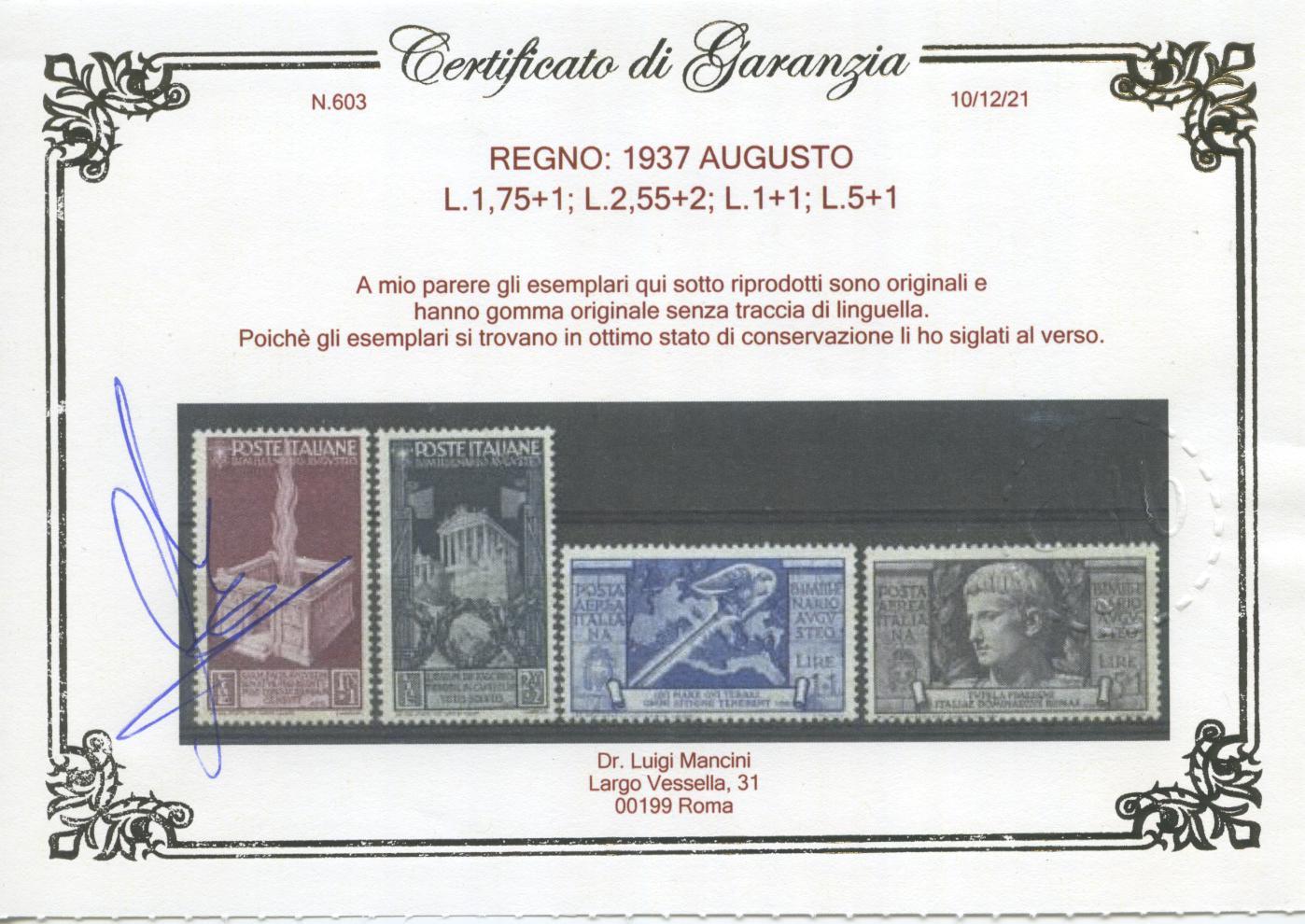 Scansione lotto: REGNO 1937 AUGUSTO 15V. ** CENTRATO CERT.