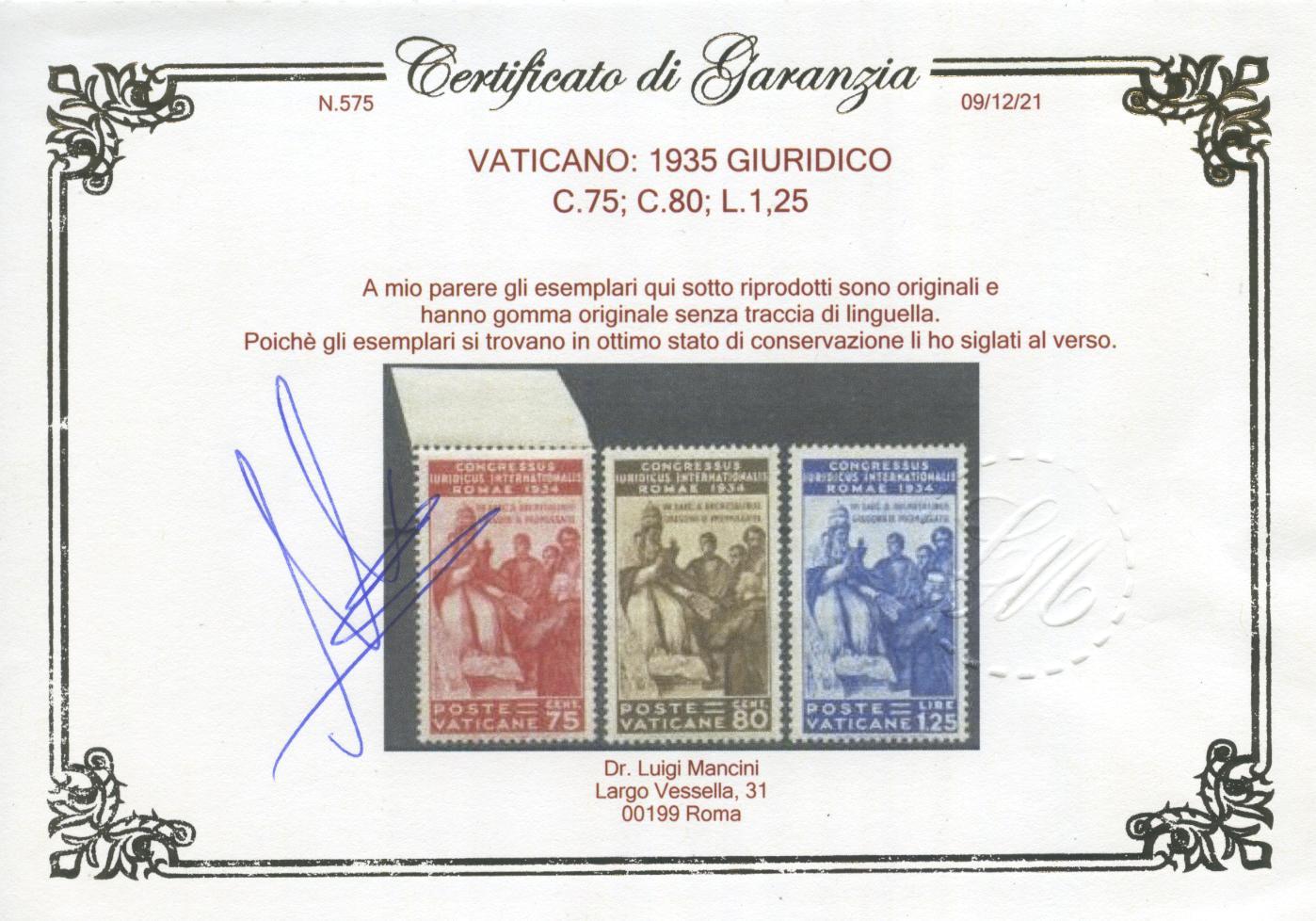 Scansione lotto: VATICANO 1935 GIURIDICO 6V. 4 ** CENTRATO CERT.