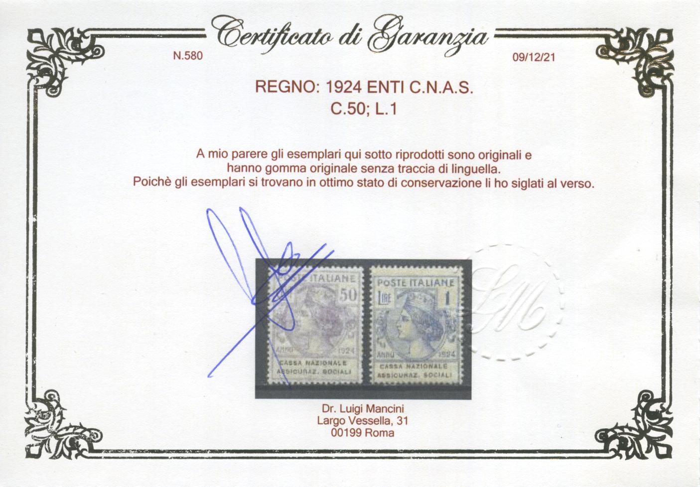 Scansione lotto: REGNO 1924 ENTI C.N.A.S. 6V. 3 ** CENTRATO CERT.