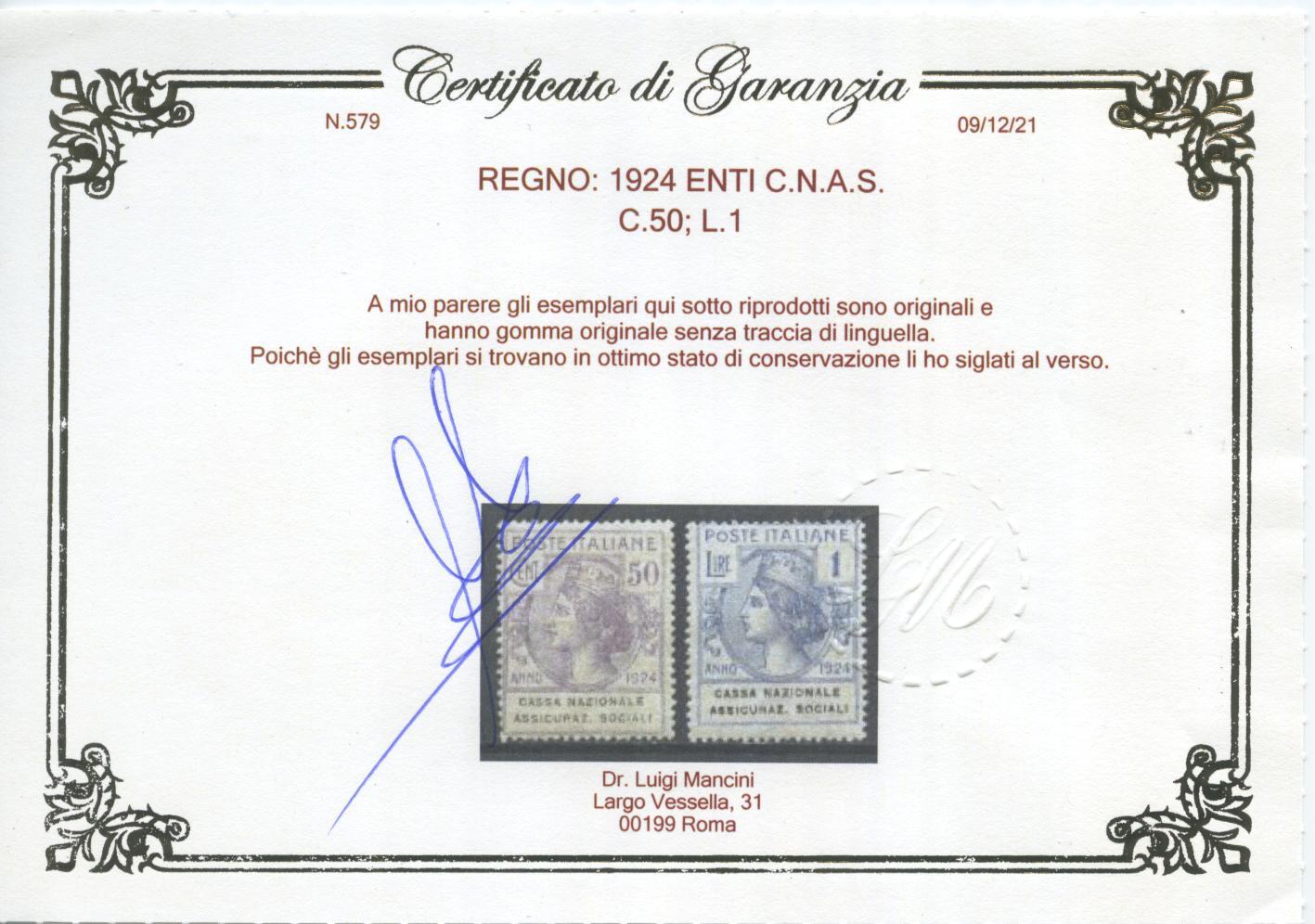 Scansione lotto: REGNO 1924 ENTI C.N.A.S. 6V. 3 **  CERT.