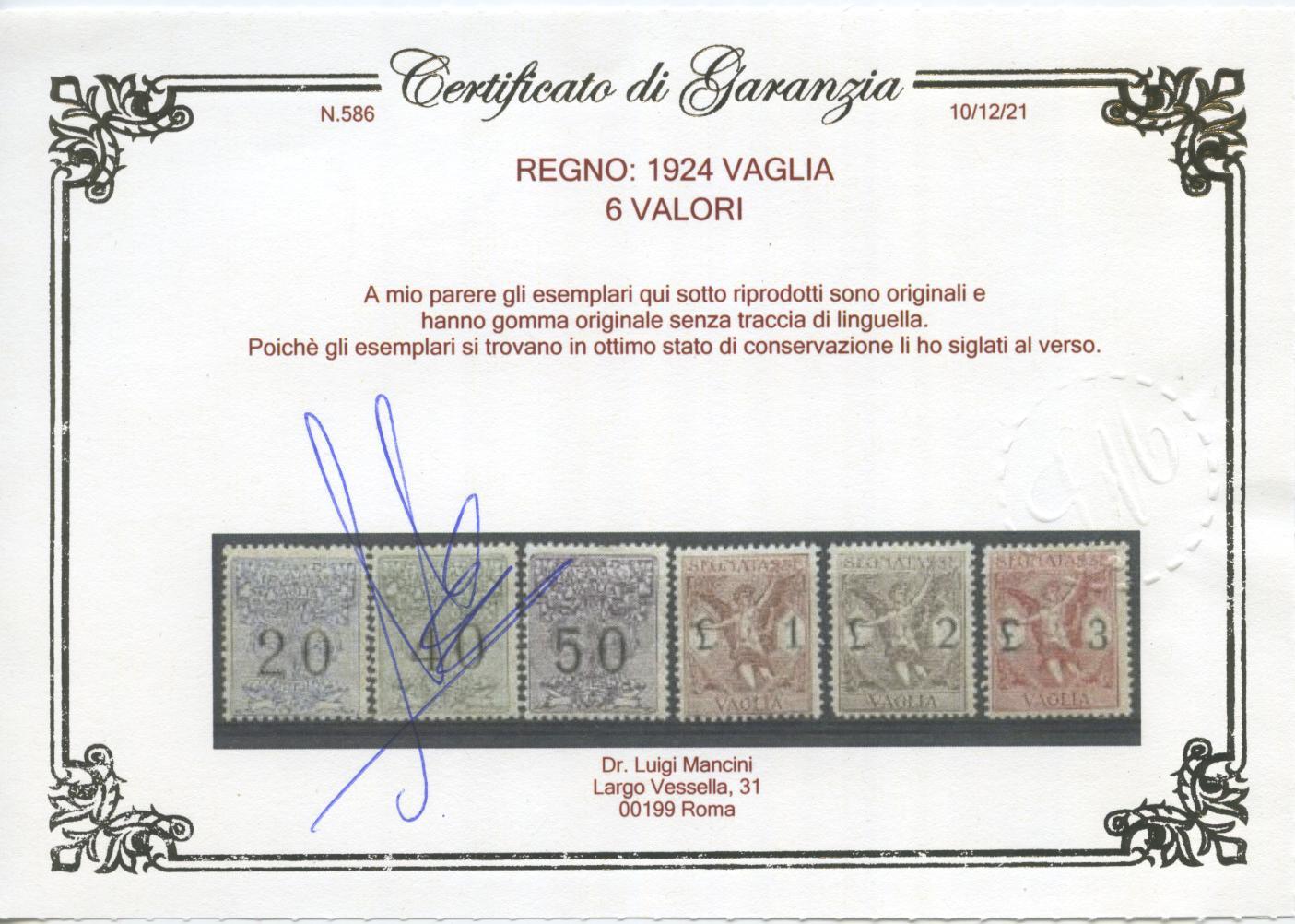 Scansione lotto: REGNO 1924 VAGLIA 6V. 4 ** CENTRATO CERT.