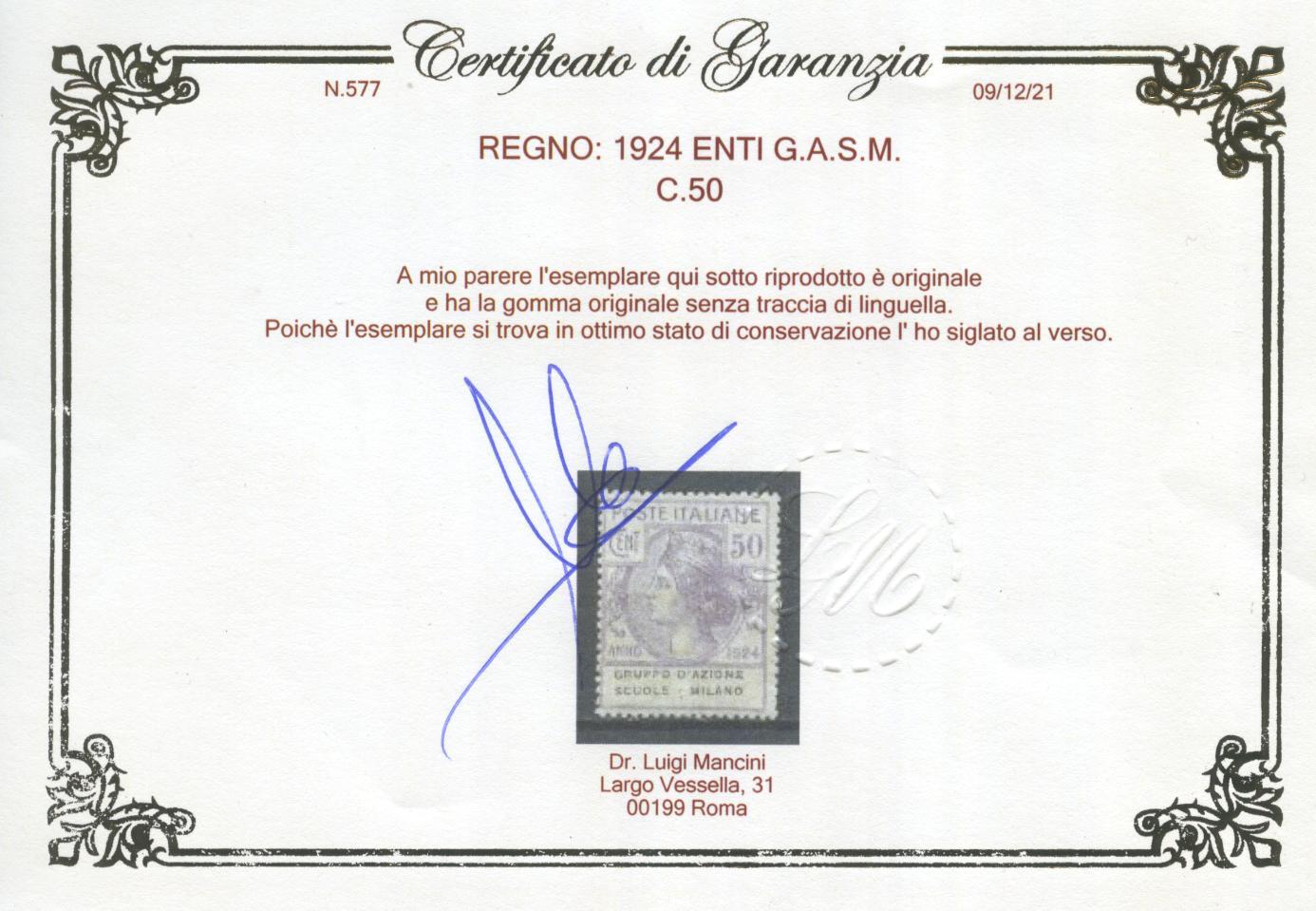 Scansione lotto: REGNO 1924 ENTI G.A.S.M. 4V. 3 **  CERT.