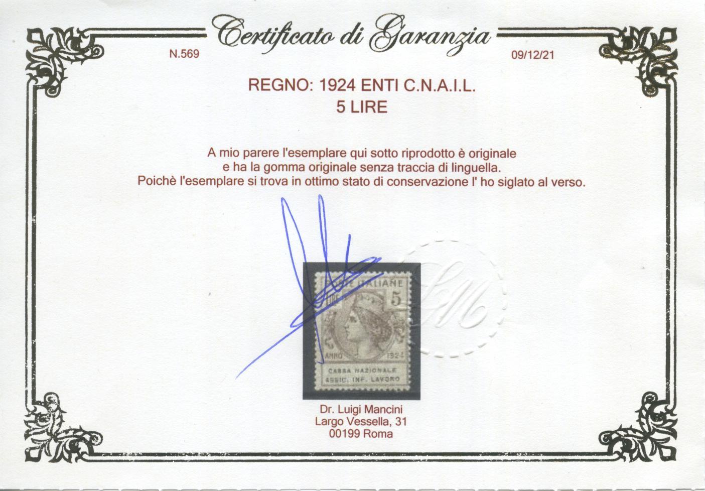 Scansione lotto: REGNO 1924 ENTI C.N.A.I.L. 7V. 2 ** CENTRATO CERT.