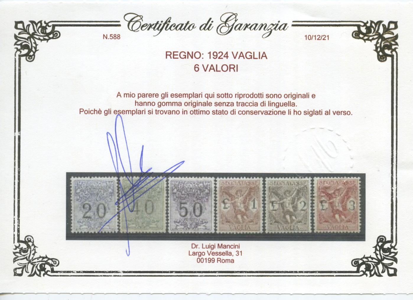 Scansione lotto: REGNO 1924 VAGLIA 6V. ** LUSSO CERT.