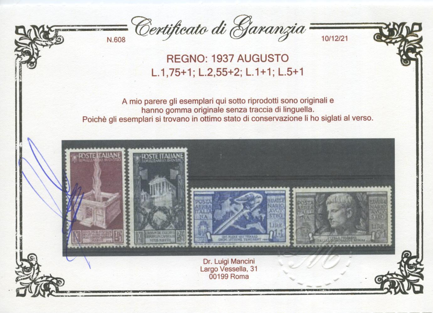 Scansione lotto: REGNO 1937 AUGUSTO 15V. 4 ** CENTRATO CERT.