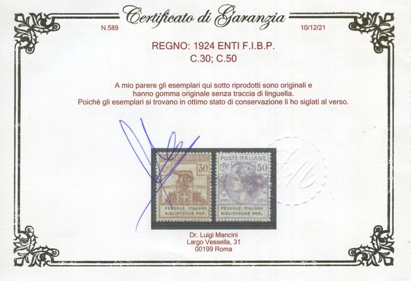 Scansione lotto: REGNO 1924 ENTI F.I.B.P. 4V. 4 ** CENTRATO CERT.