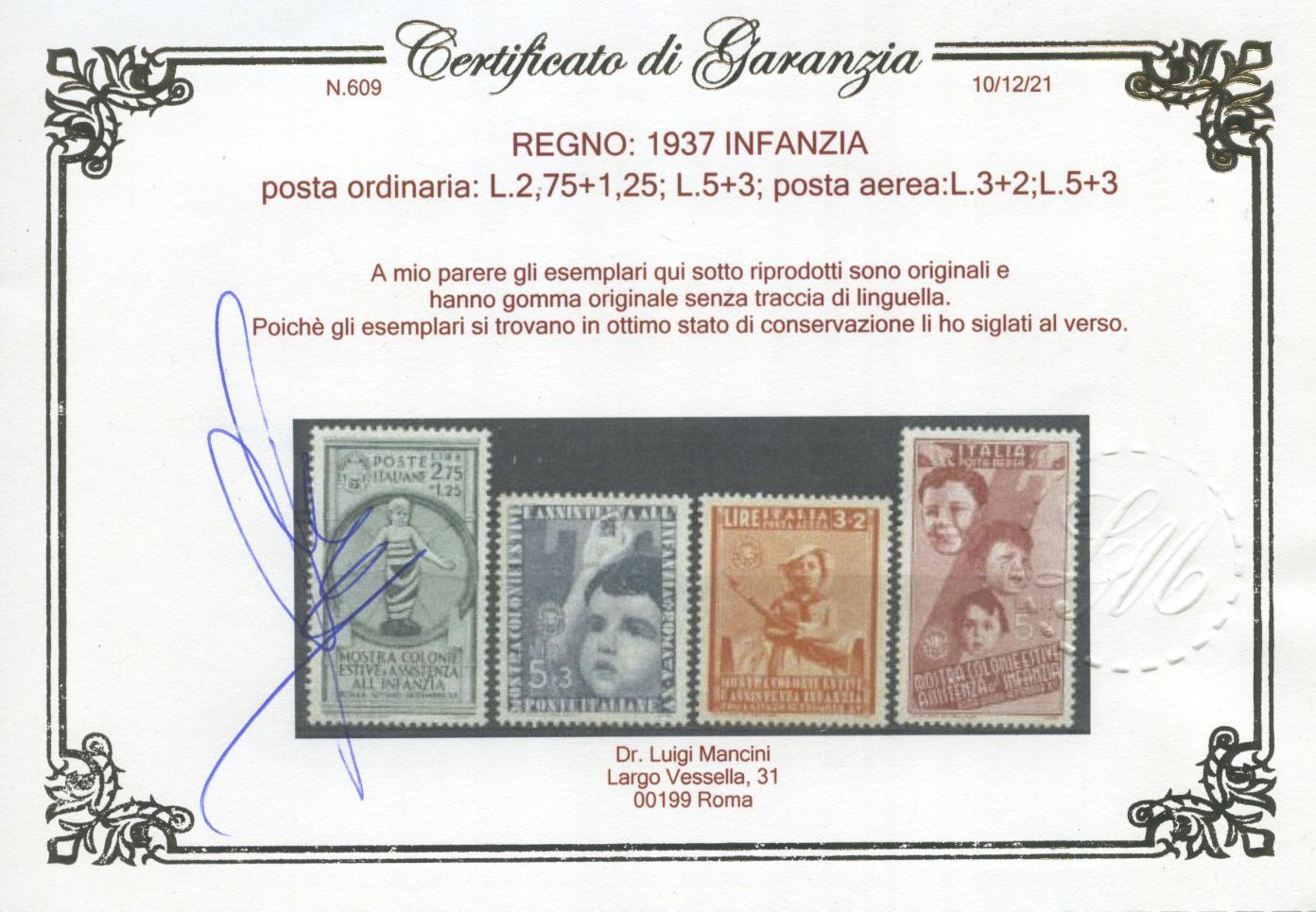 Scansione lotto: REGNO 1937 INFANZIA 16V. 6 ** LUSSO CERT.