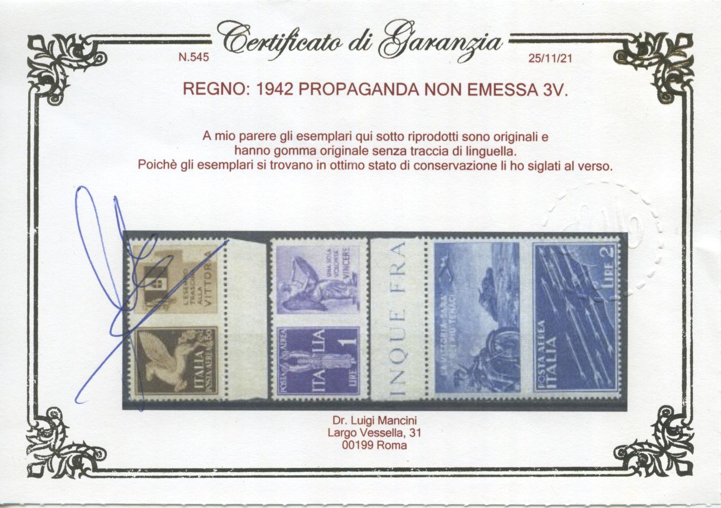 Scansione lotto: REGNO 1942 PROPAGANDA NON EMESSA 3V. 2 ** LUSSO CERT.