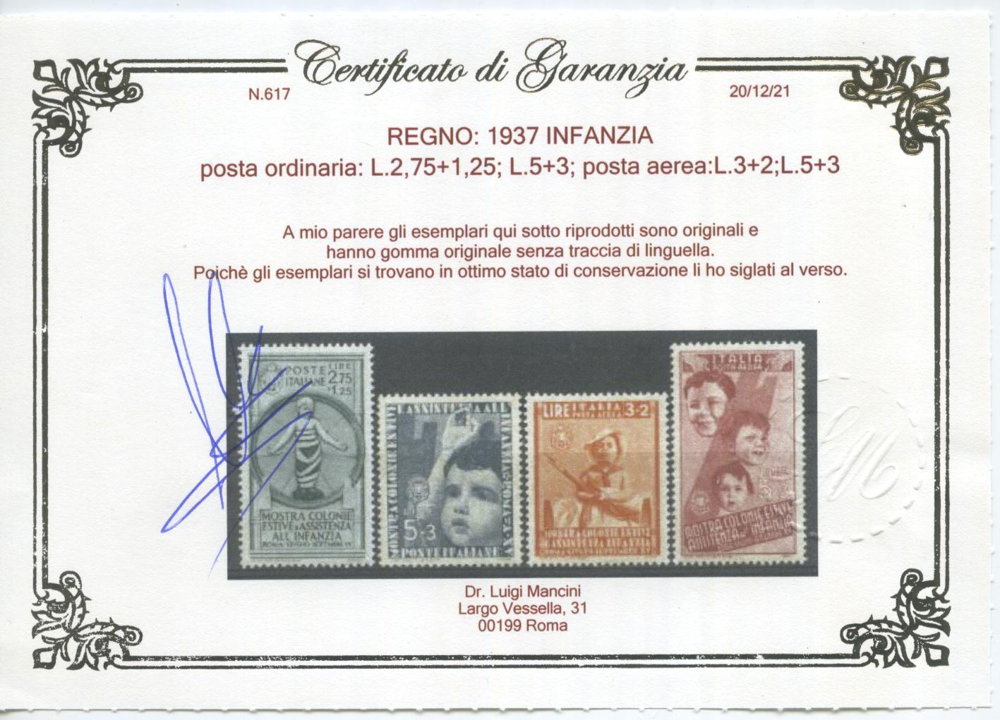 Scansione lotto: REGNO 1937 INFANZIA 16V. ** LUSSO CERT.