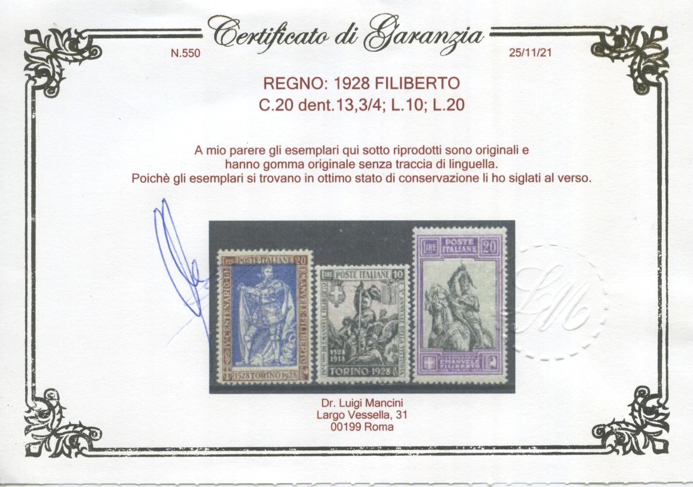 Scansione lotto: REGNO 1928 FILIBERTO 13V. 5 ** LUSSO CERT.