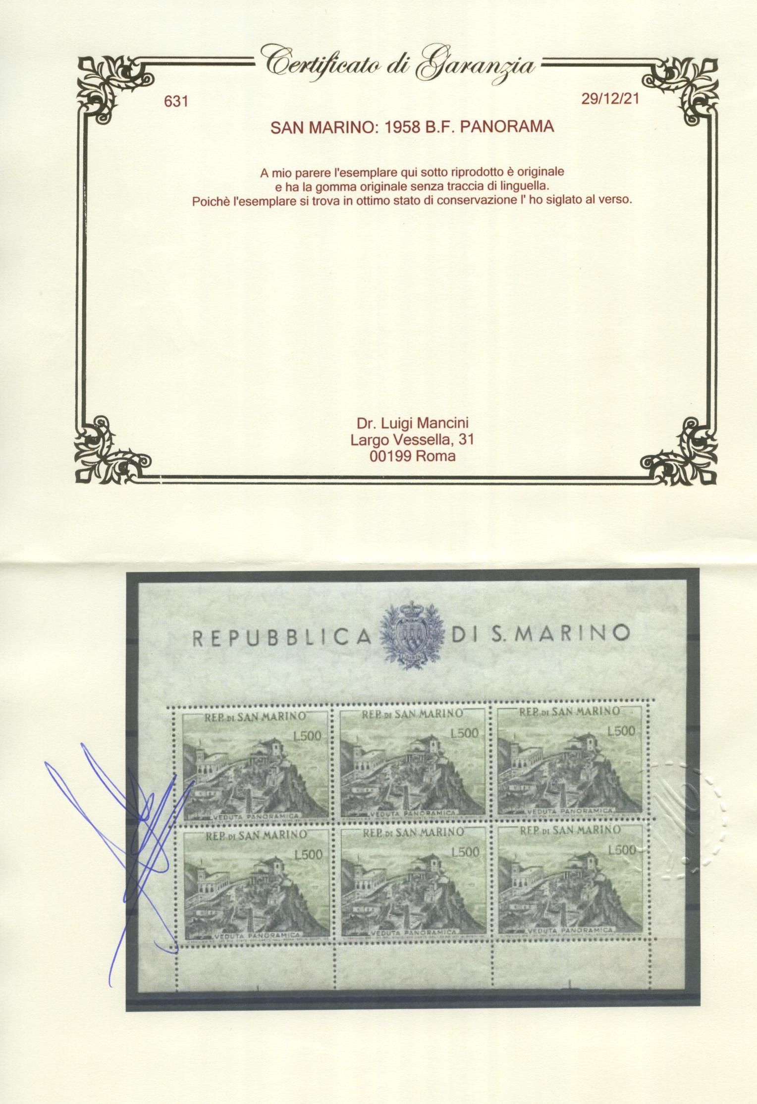 Scansione lotto: SAN MARINO 1958 BF PANORAMA 3 **  CERT.