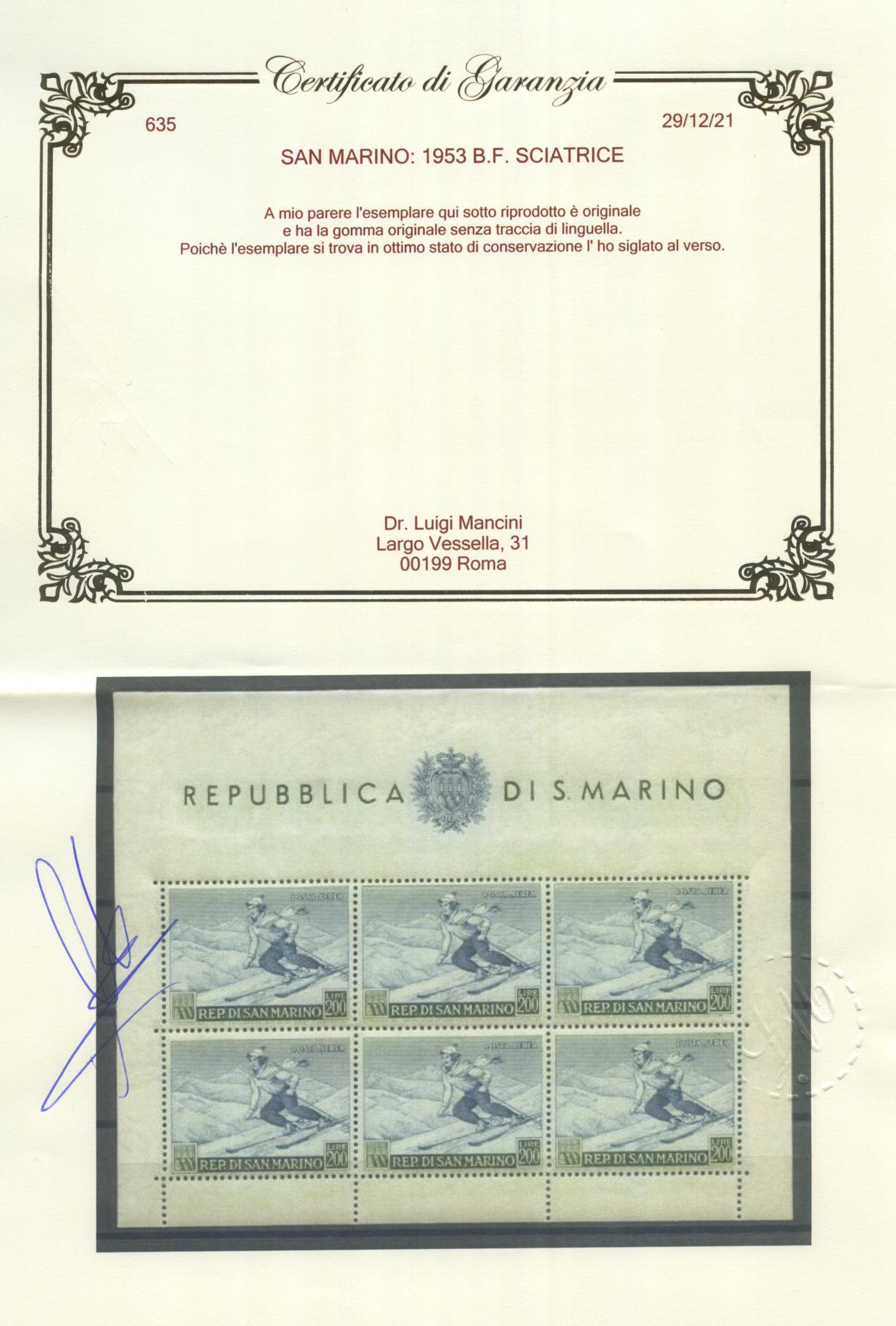 Scansione lotto: SAN MARINO 1953 B.F. SCIATRICE 2 ** CENTRATO CERT.