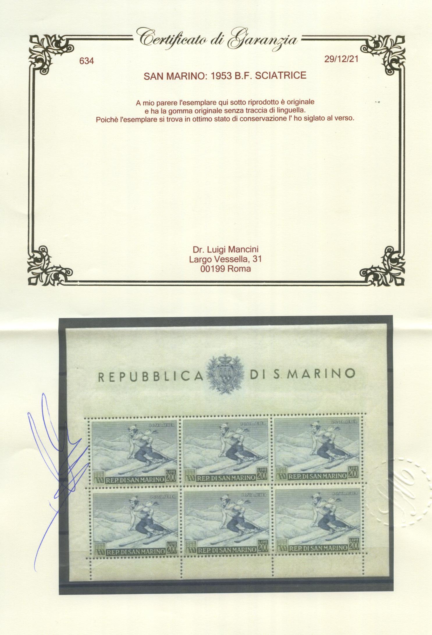 Scansione lotto: SAN MARINO 1953 B.F. SCIATRICE ** CENTRATO CERT.