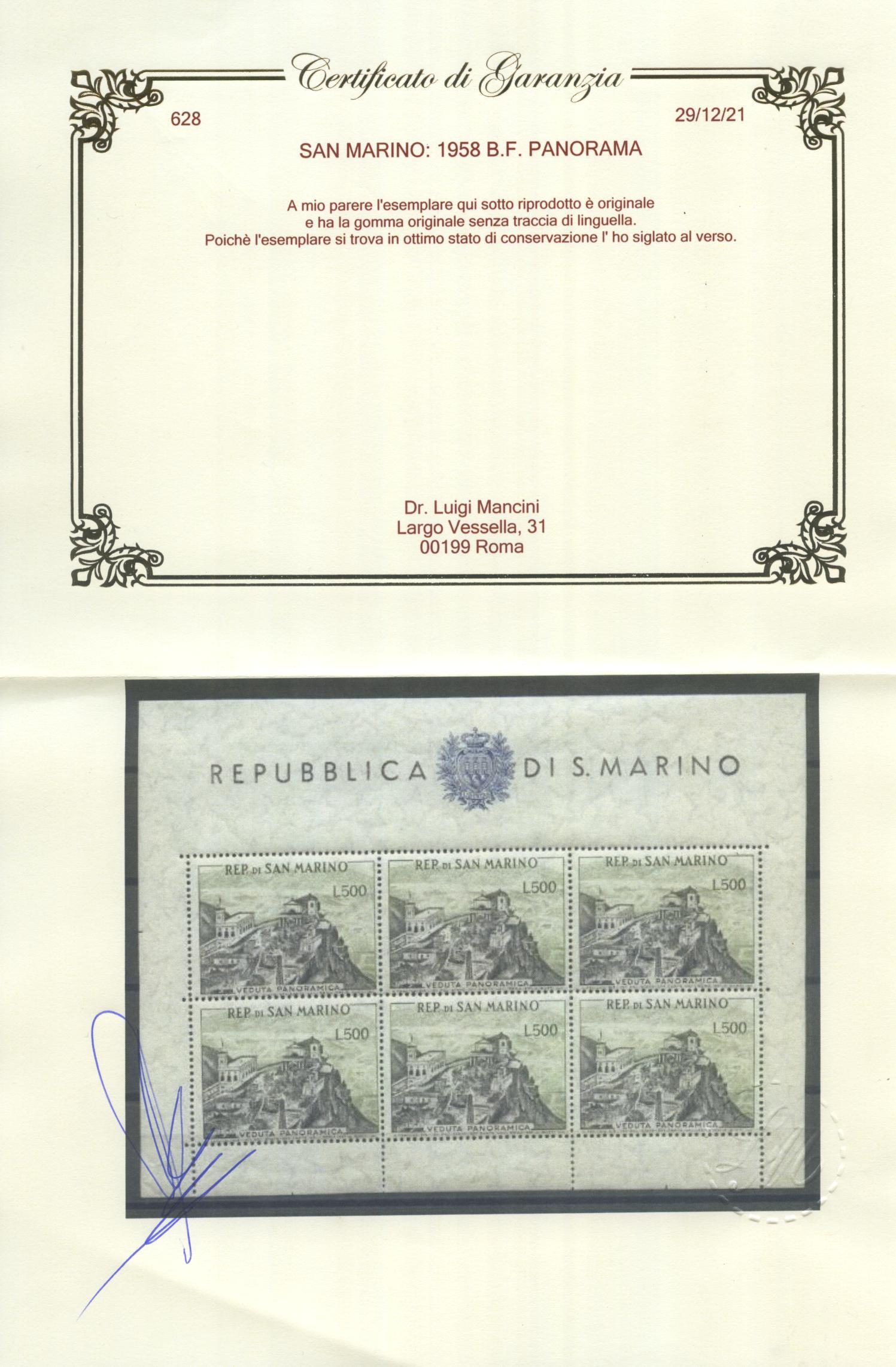 Scansione lotto: SAN MARINO 1958 BF PANORAMA 2 **  CERT.