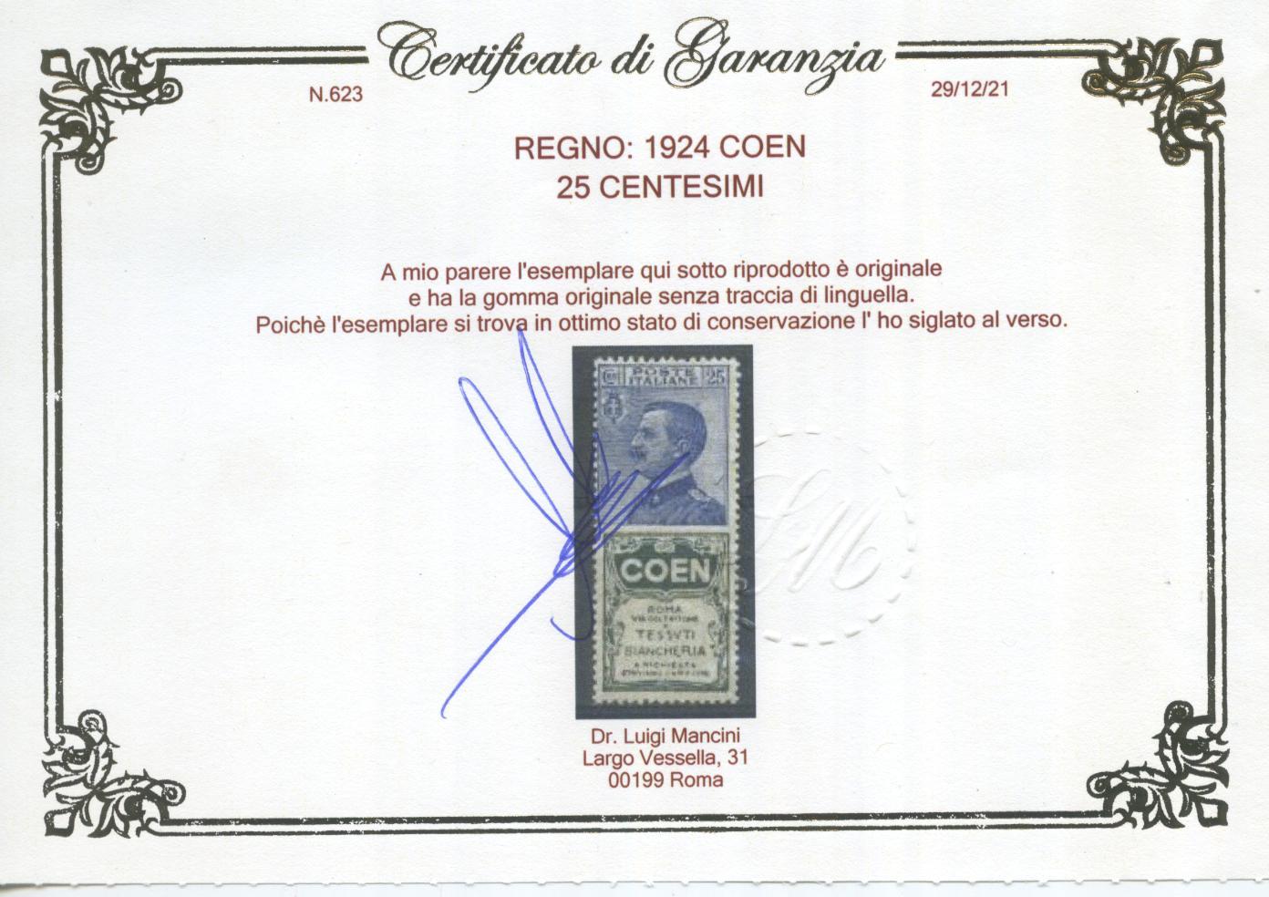 Scansione lotto: REGNO 1924 25C. COEN 2 ** CENTRATO CERT.