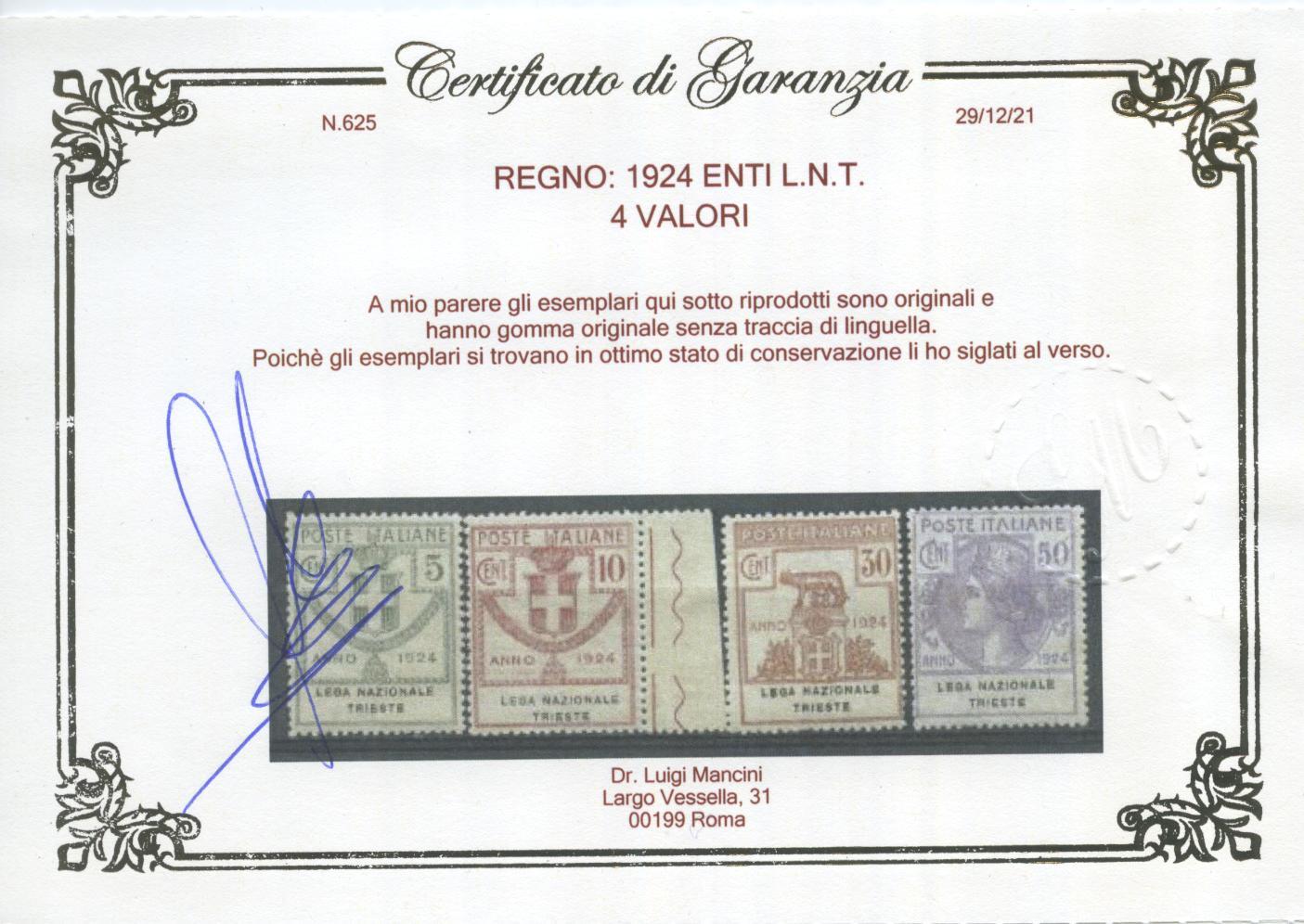 Scansione lotto: REGNO 1924 ENTI L.N.T. 4V. 3 **  CERT.