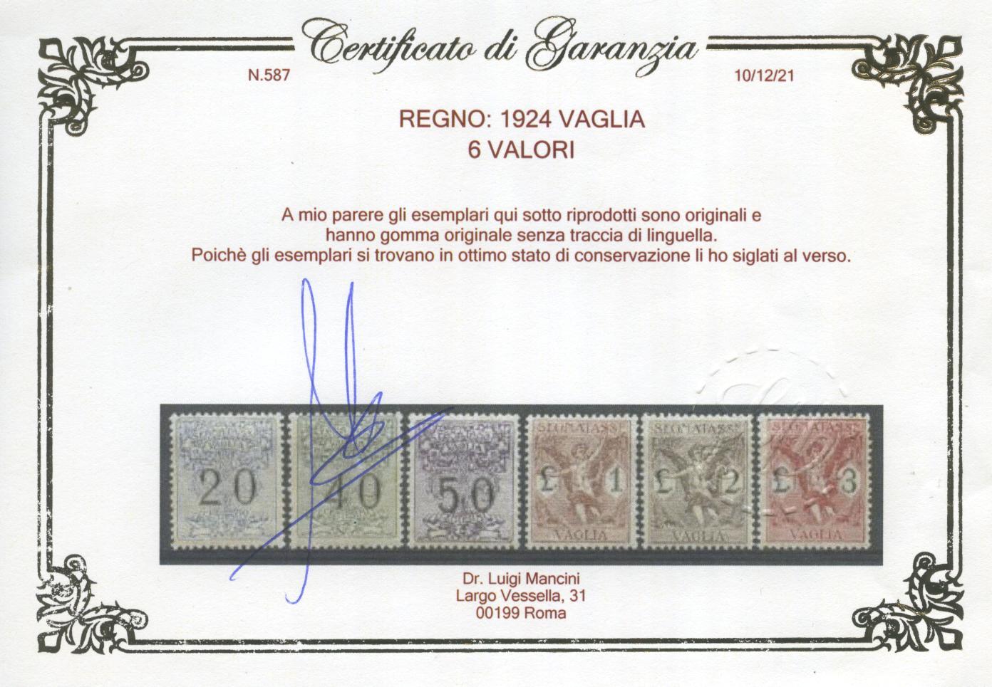 Scansione lotto: REGNO 1924 VAGLIA 6V. 2 ** CENTRATO CERT.