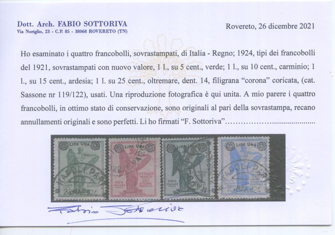 Scansione lotto: REGNO 1924 VITTORIA SOVR. 4V. CENT. US.  CERT.