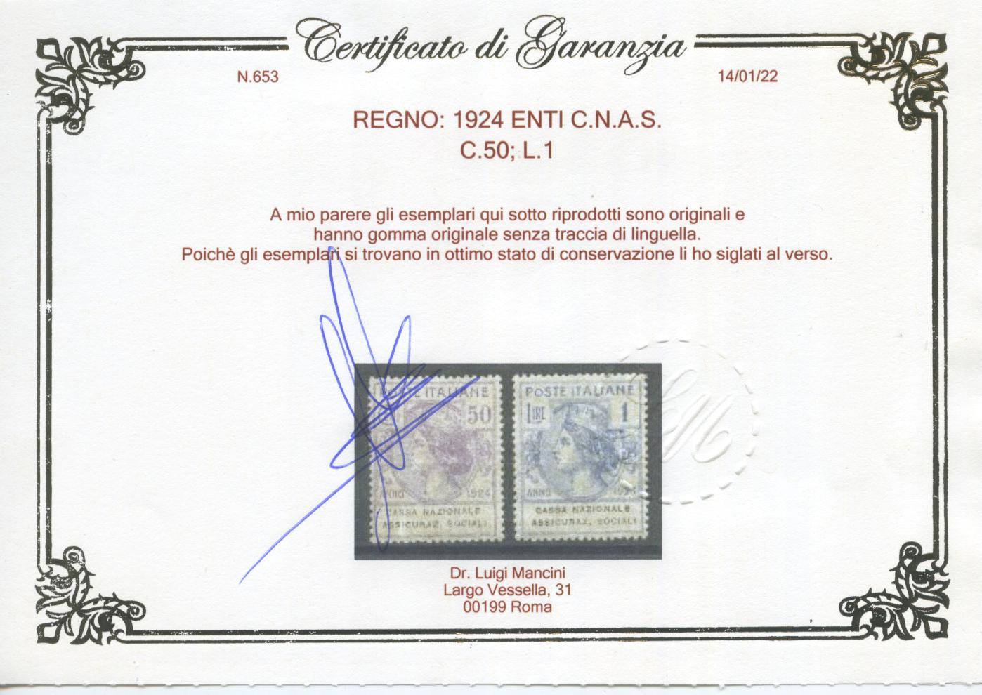 Scansione lotto: REGNO 1924 ENTI C.N.A.S. 6V. 4 **  CERT.