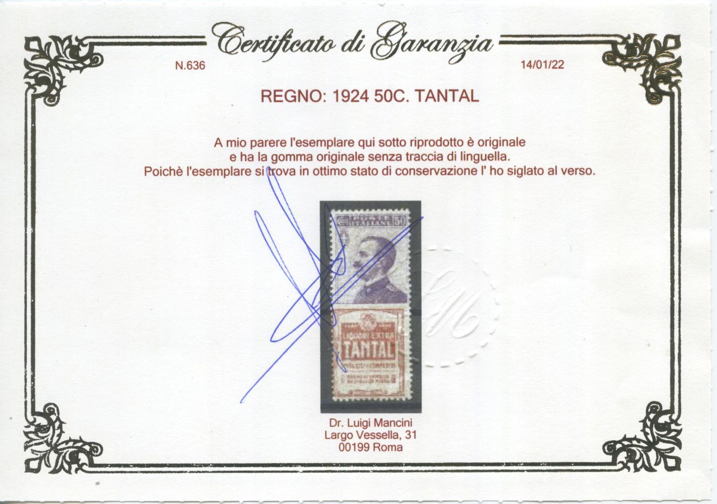 Scansione lotto: REGNO 1924 50C. TANTAL **  CERT.