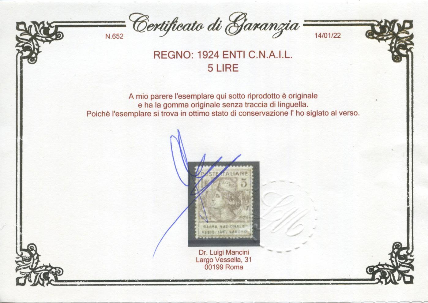 Scansione lotto: REGNO 1924 ENTI C.N.A.I.L. 7V. 3 ** CENTRATO CERT.