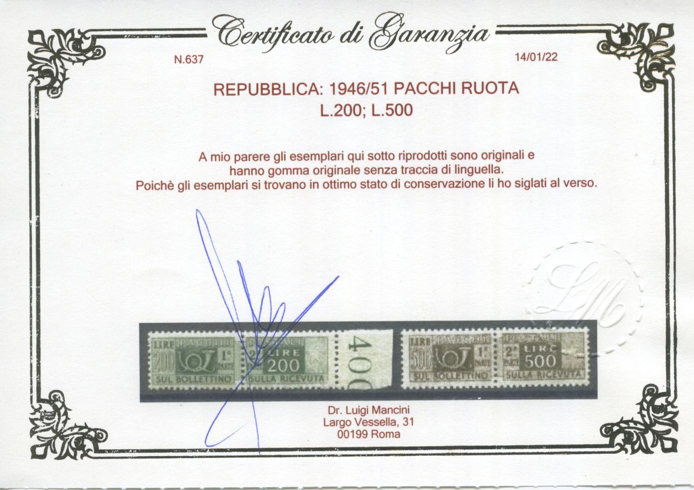 Scansione lotto: REPUBBLICA 1946/51 PACCHI RUOTA 14V. 12 ** LUSSO CERT.