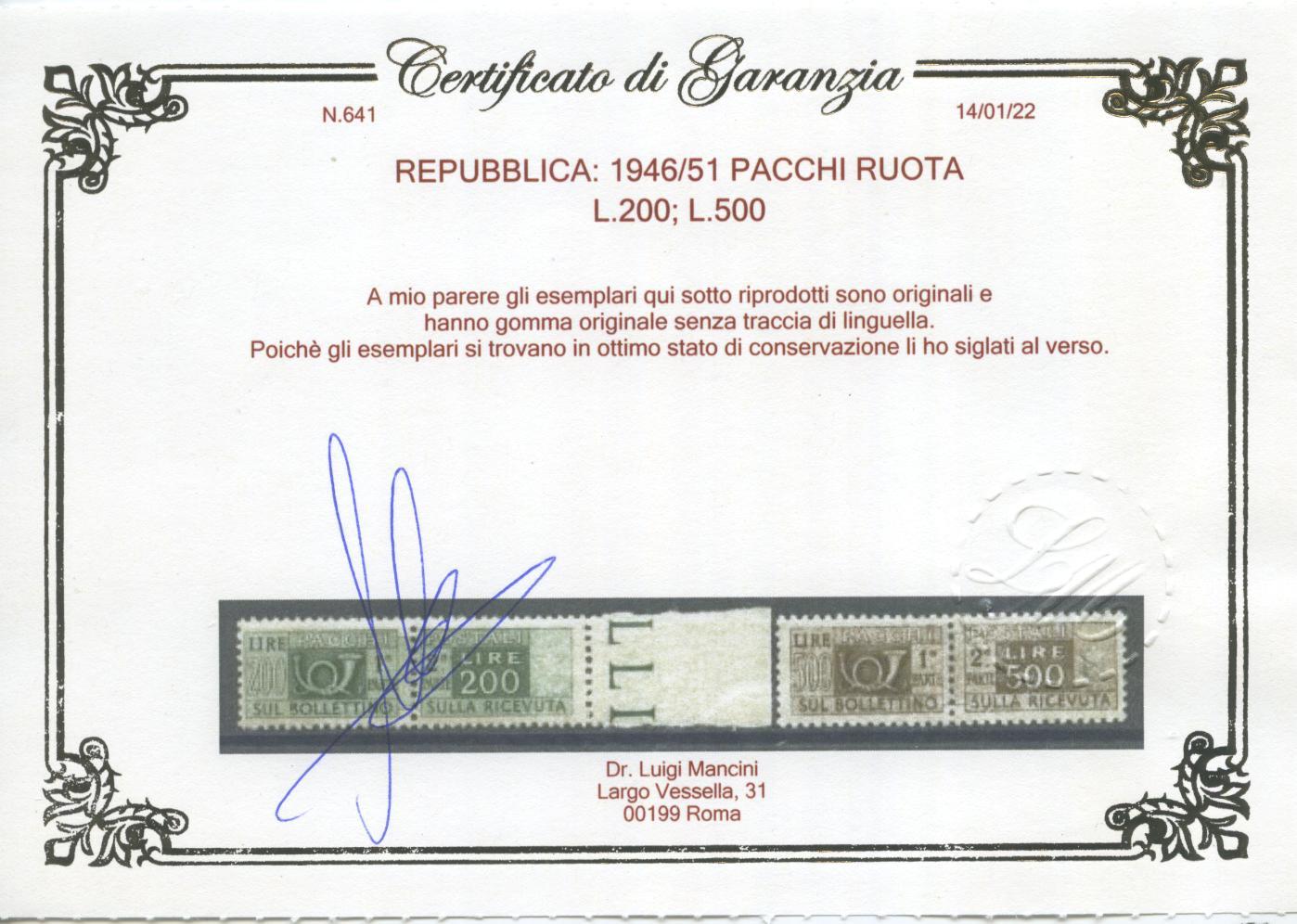 Scansione lotto: REPUBBLICA 1946/51 PACCHI RUOTA 14V. 9 ** LUSSO CERT.