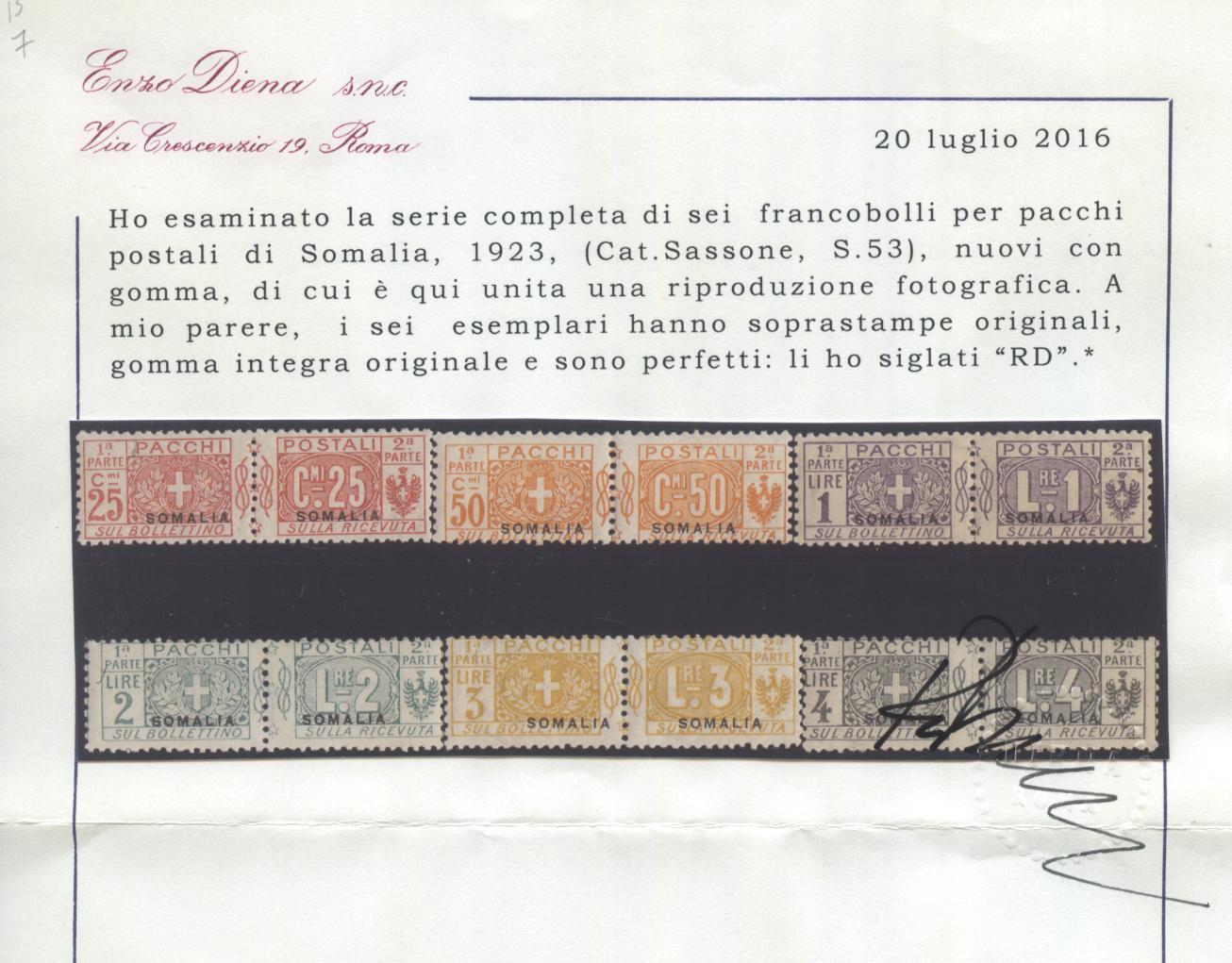 Scansione lotto: COLONIE SOMALIA 1923 PACCHI 6V. 3 **  CERT.