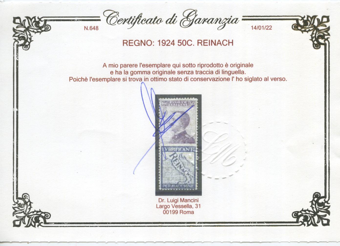 Scansione lotto: REGNO 1924 50C. REINACH ** LUSSO CERT.