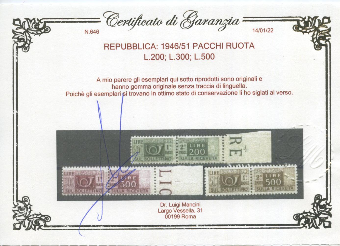 Scansione lotto: REPUBBLICA 1946/51 PACCHI RUOTA 15V. 3 CENTR. **  CERT.