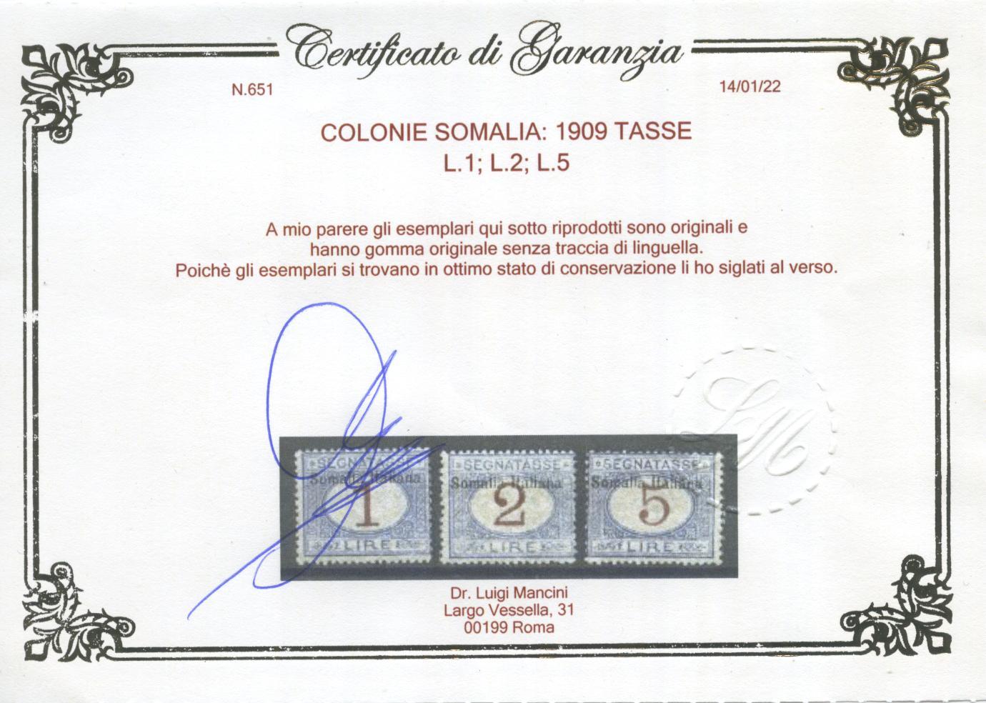 Scansione lotto: COLONIE SOMALIA 1909 TASSE 11V. **  CERT.