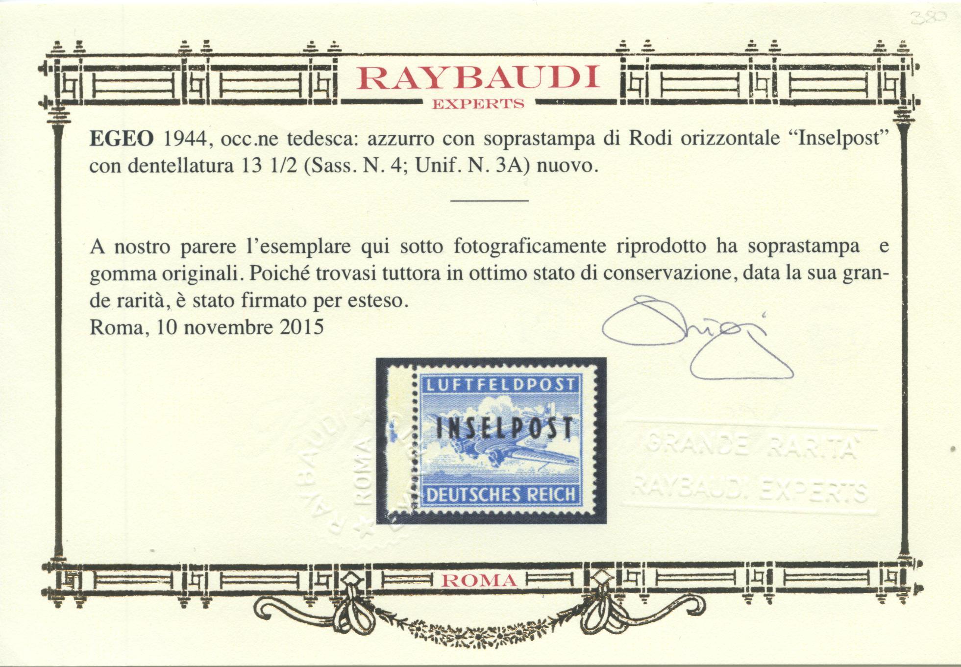 Scansione lotto: OCCUPAZIONI EGEO INSELPOST 1944 RODI N.4 *  CERT.