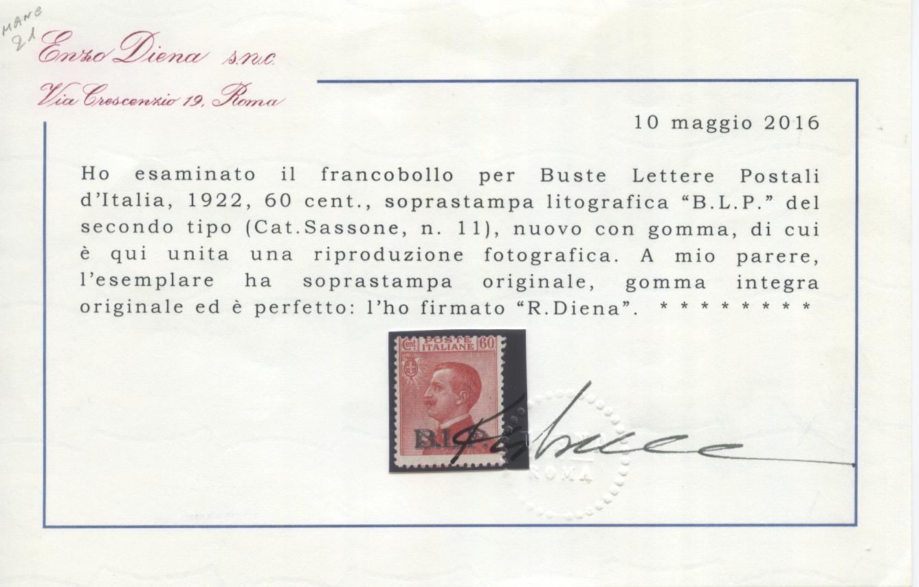 Scansione lotto: REGNO 1922 BLP 60C. 2 **  CERT.