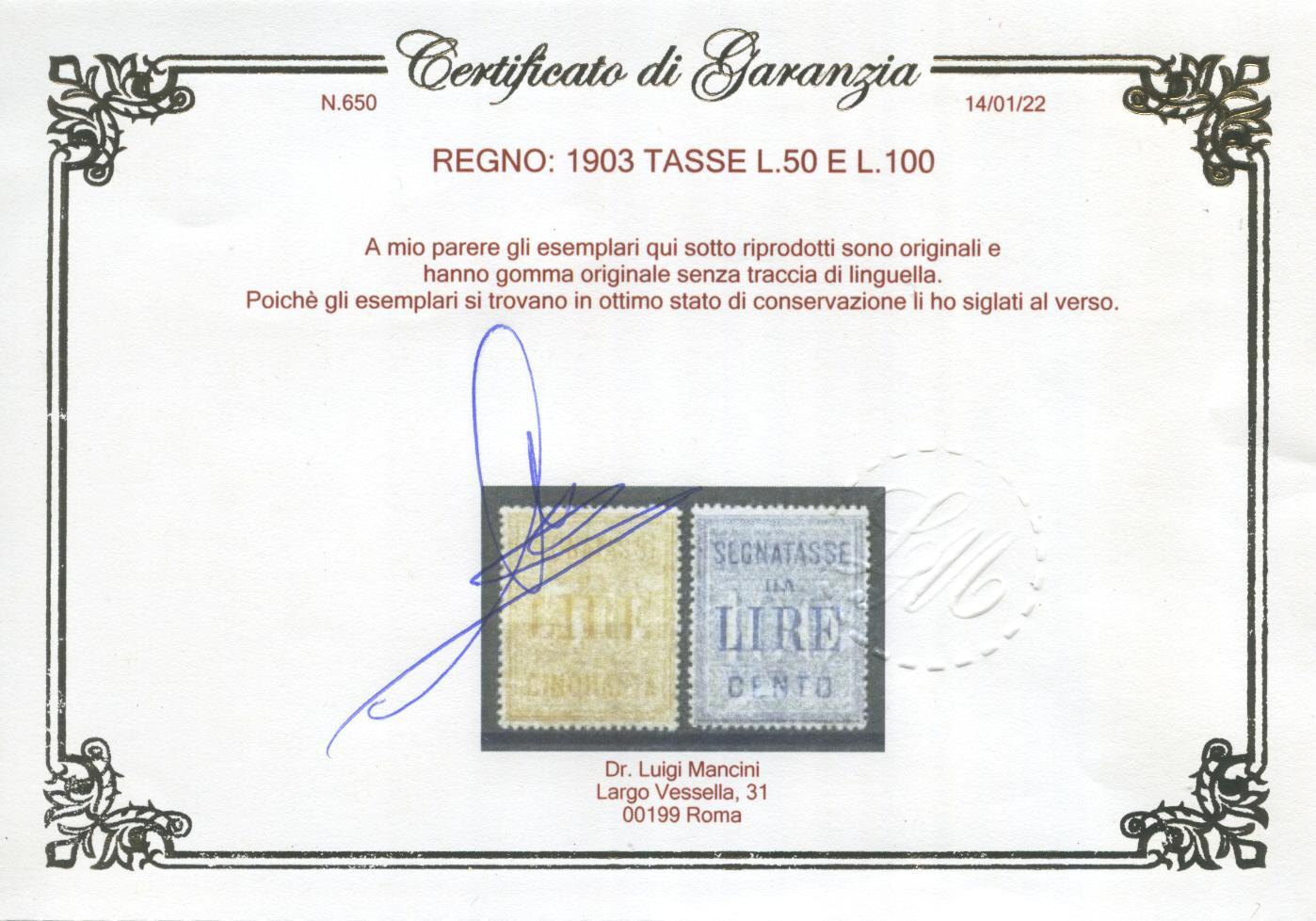 Scansione lotto: REGNO 1903 TASSE L.50 E L.100 4 ** LUSSO CERT.