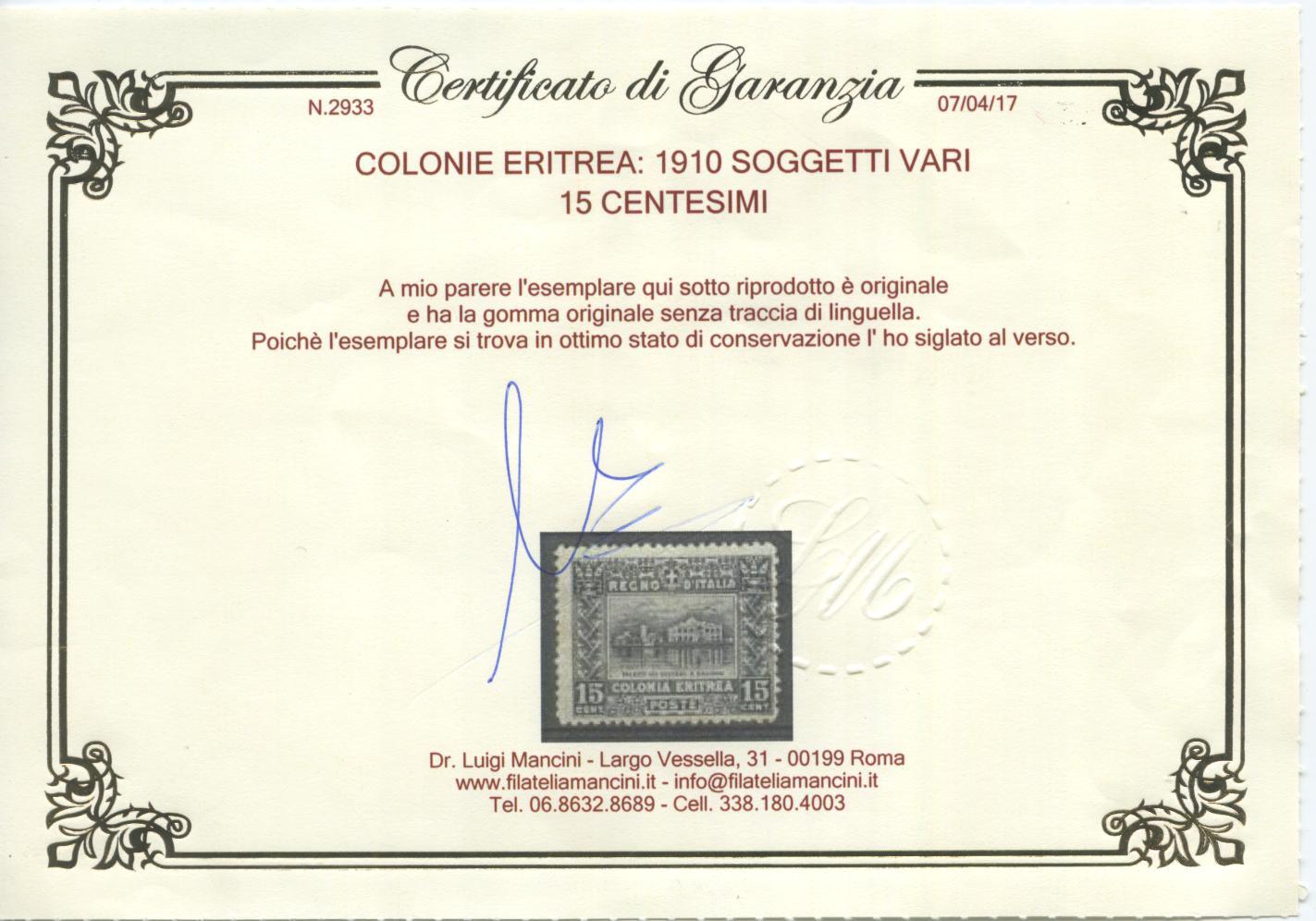 Scansione lotto: COLONIE ERITREA 1910 SOGGETTI VARI 4V. **  CERT.