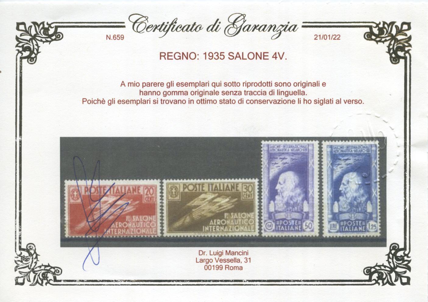 Scansione lotto: REGNO 1935 SALONE 4V. 3 **  CERT.