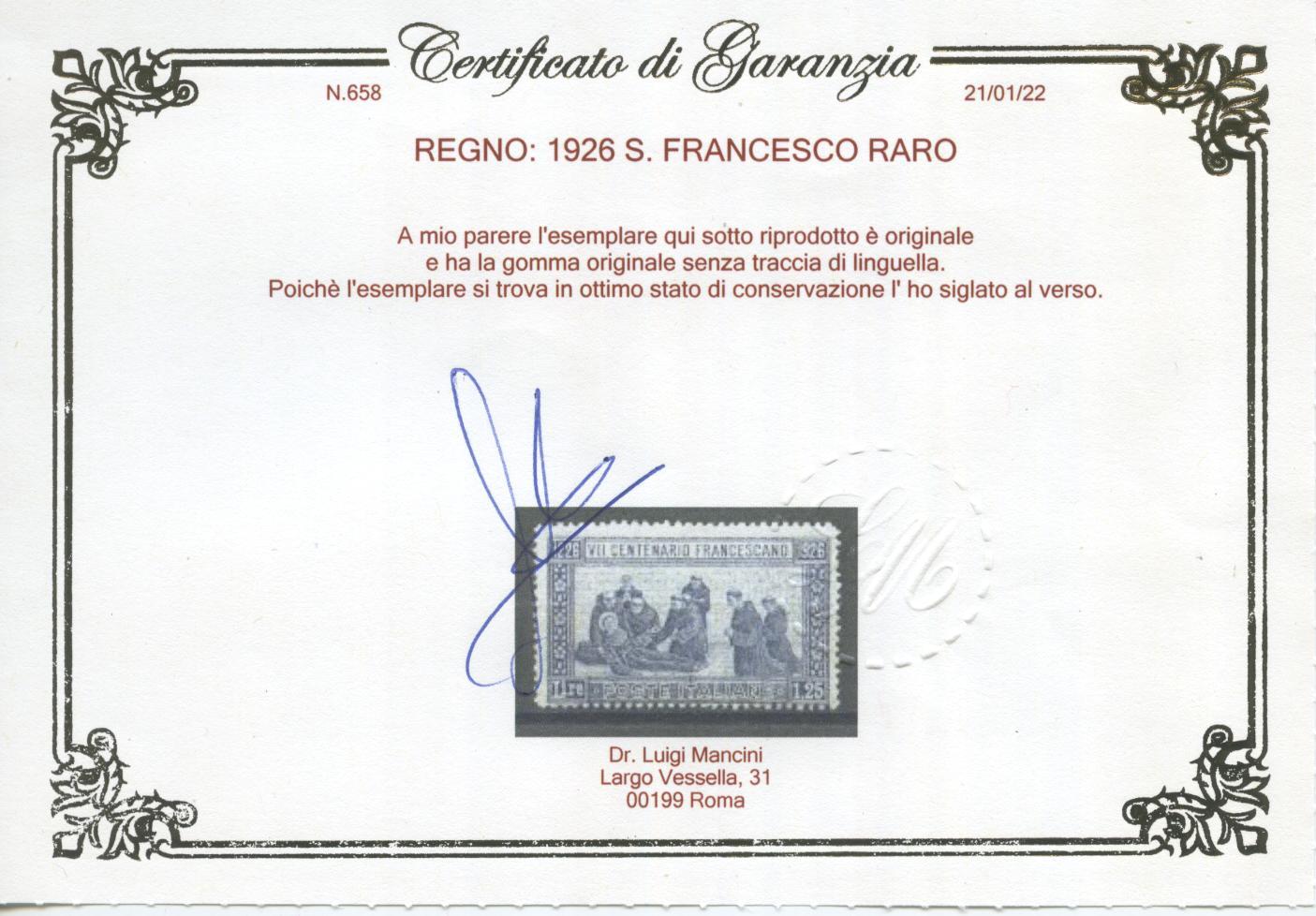 Scansione lotto: REGNO 1926 S. FRANCESCO RARO 2 **  CERT.