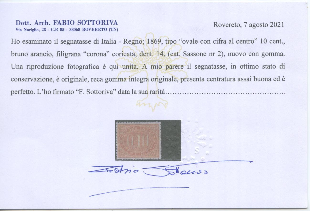 Scansione lotto: REGNO 1869 TASSE 10C. 3 ** CENTRATO CERT.