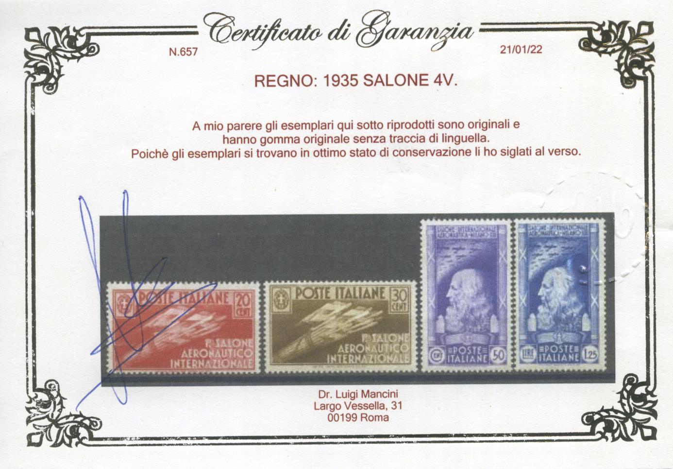 Scansione lotto: REGNO 1935 SALONE 4V. 5 ** CENTRATO CERT.