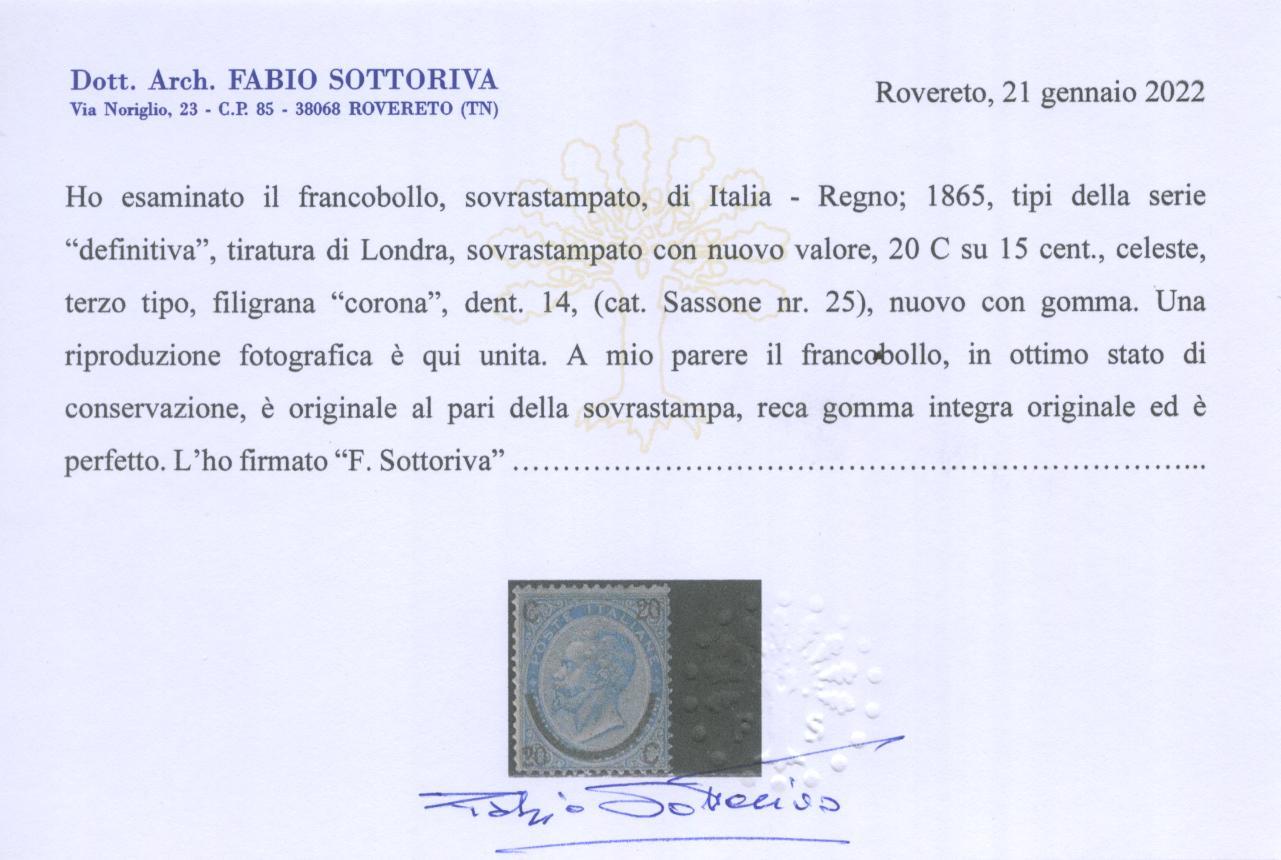 Scansione lotto: REGNO 1865 20C. SU 15C. III TIPO 4 **  CERT.