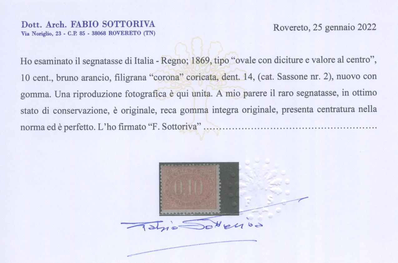 Scansione lotto: REGNO 1869 TASSE 10C. 2 **  CERT.