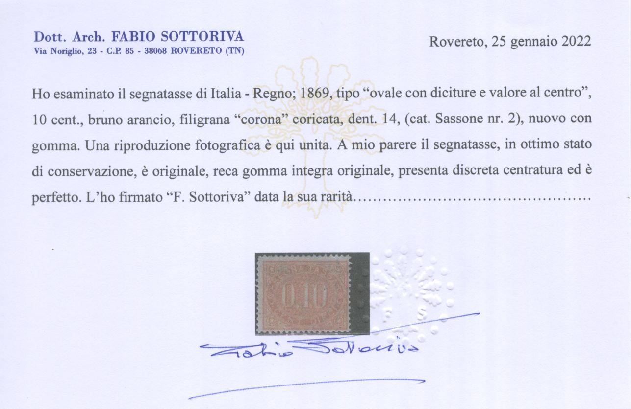 Scansione lotto: REGNO 1869 TASSE 10C. 3 **  CERT.