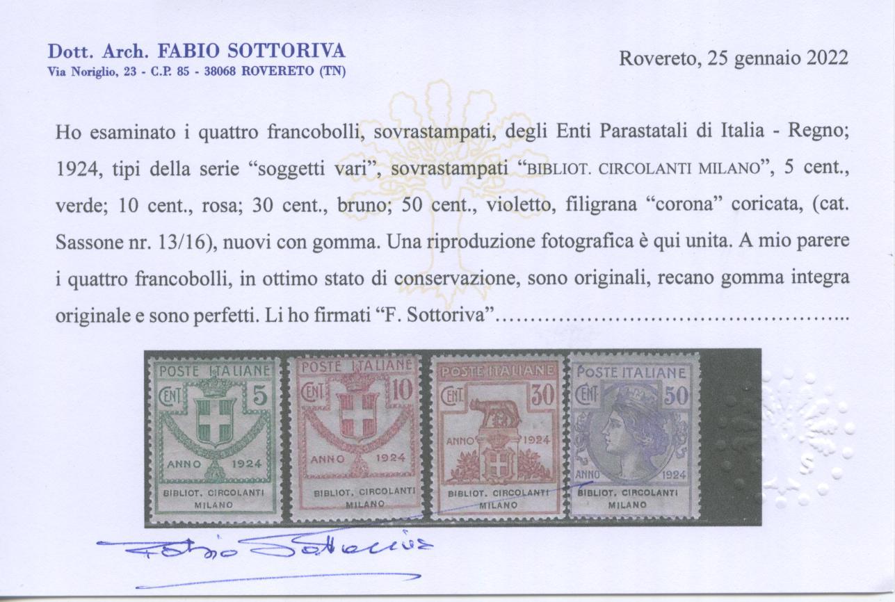 Scansione lotto: REGNO 1924 ENTI B.C.M. 4V. 4 **  CERT.