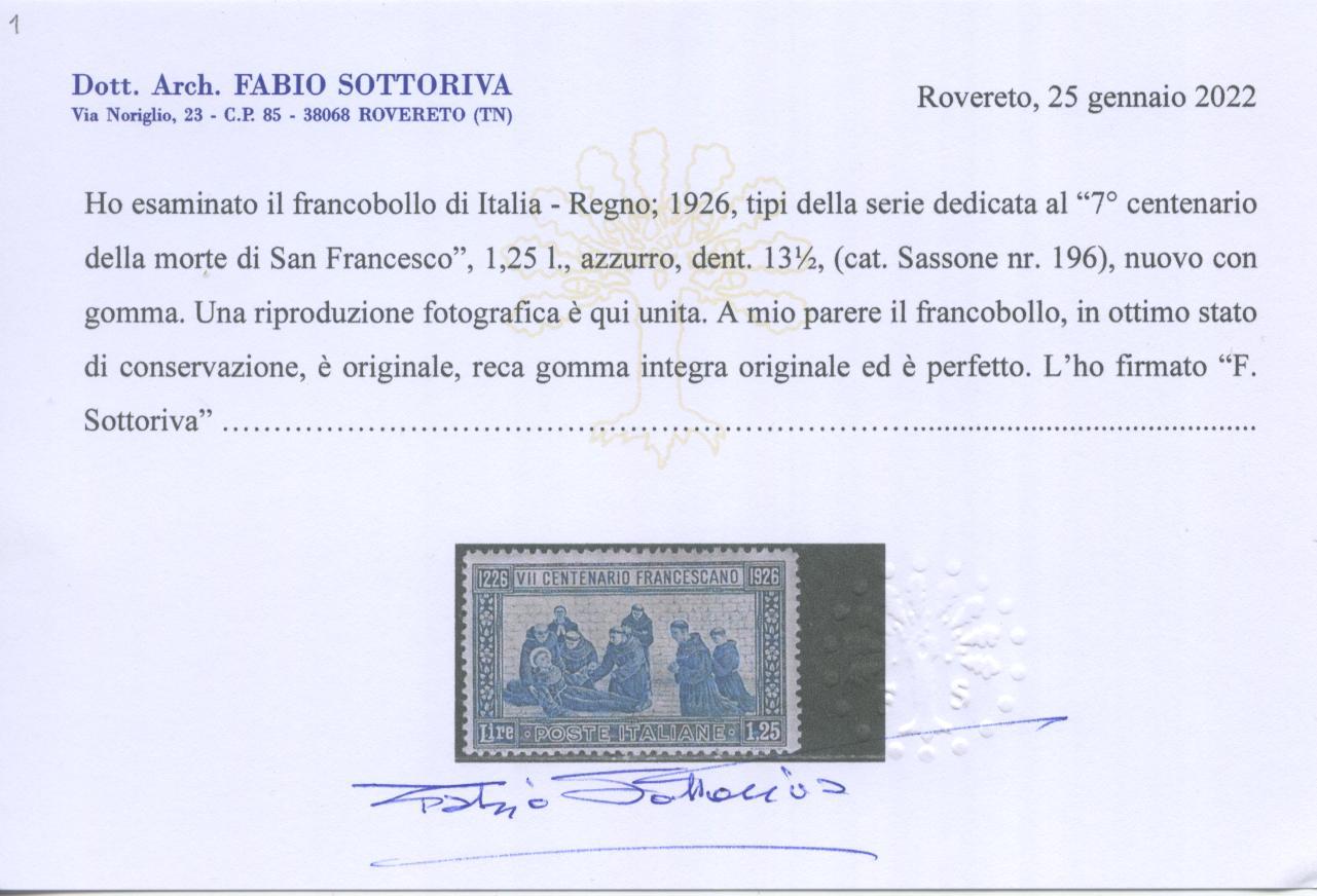 Scansione lotto: REGNO 1926 S. FRANCESCO RARO 7 ** CENTRATO CERT.