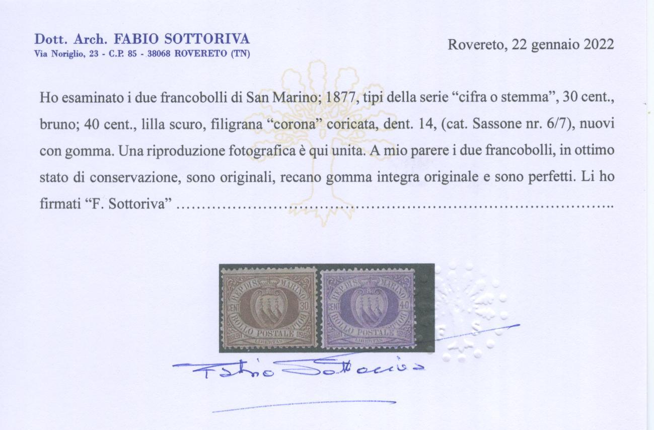 Scansione lotto: SAN MARINO 1877 30C. E 40C. 2 **  CERT.